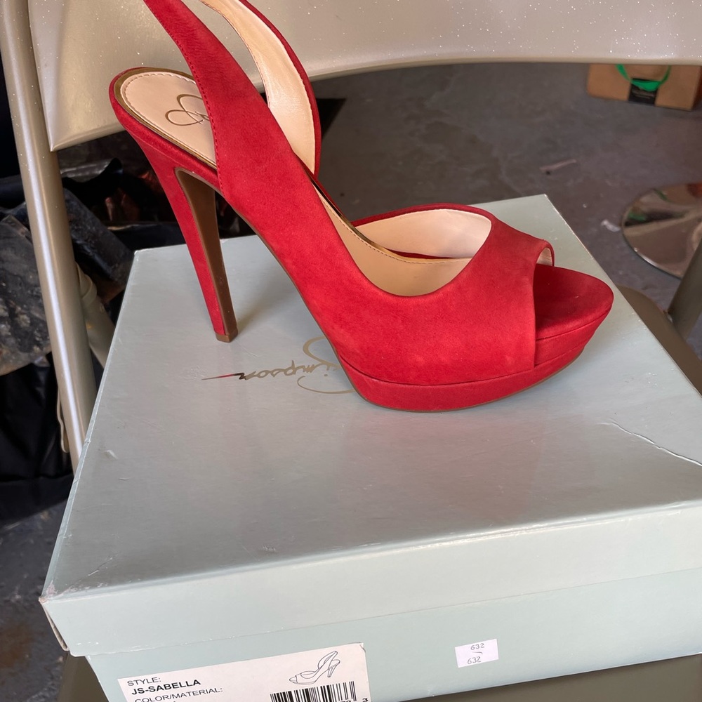 Red peep toe heels